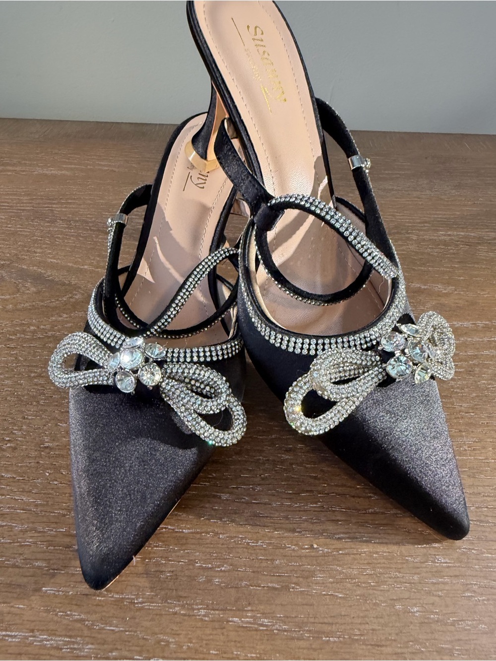 Shoe Dazzle Black Satin Pointed Toe Slingback Heels with Crystal Bow Accent